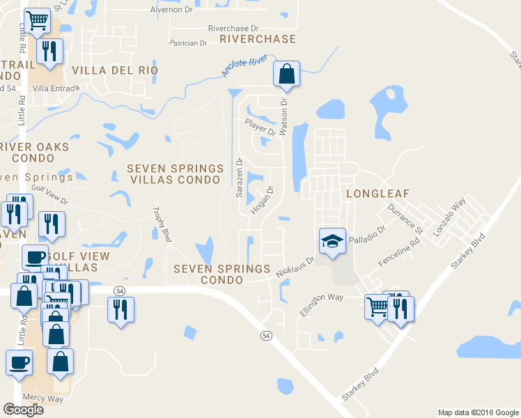 map of restaurants, bars, coffee shops, grocery stores, and more near 3528 Hogan Drive in New Port Richey