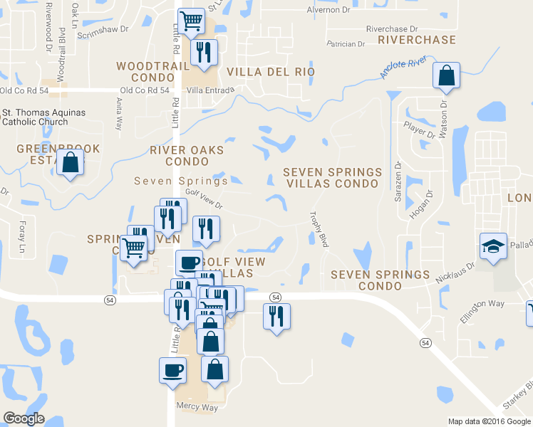 map of restaurants, bars, coffee shops, grocery stores, and more near 9307 Golf View Drive in New Port Richey