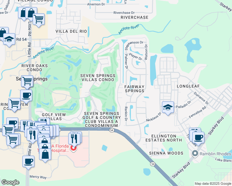 map of restaurants, bars, coffee shops, grocery stores, and more near 3523 Teeside Drive in New Port Richey