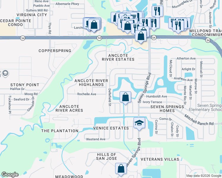 map of restaurants, bars, coffee shops, grocery stores, and more near 3536 Hartland Drive in New Port Richey