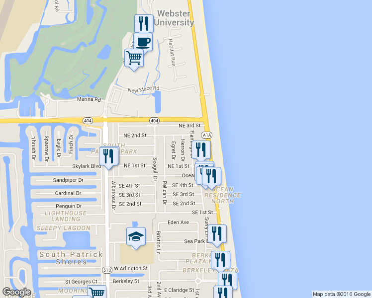 map of restaurants, bars, coffee shops, grocery stores, and more near 155 Herron Drive in Satellite Beach