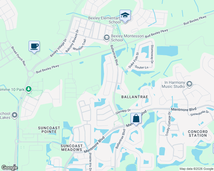 map of restaurants, bars, coffee shops, grocery stores, and more near 3624 Beneraid Street in Land O' Lakes