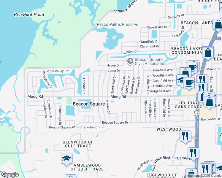 map of restaurants, bars, coffee shops, grocery stores, and more near 3535 Sheryl Hill Drive in Holiday