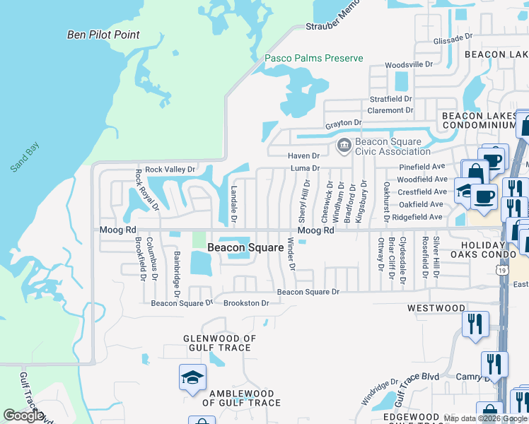 map of restaurants, bars, coffee shops, grocery stores, and more near 3535 Devonshire Drive in Holiday