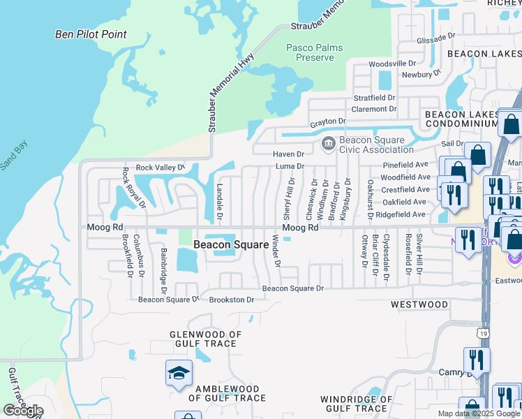 map of restaurants, bars, coffee shops, grocery stores, and more near 3535 Devonshire Drive in Holiday
