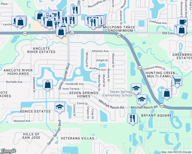 map of restaurants, bars, coffee shops, grocery stores, and more near 3526 Monte Rio Street in New Port Richey