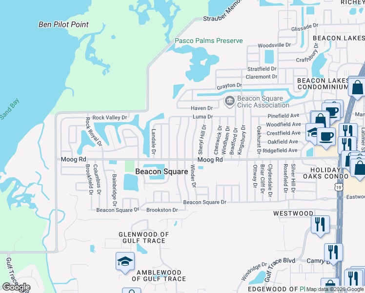 map of restaurants, bars, coffee shops, grocery stores, and more near 3535 Devonshire Drive in Holiday