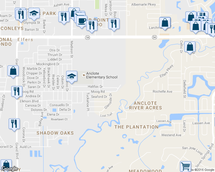 map of restaurants, bars, coffee shops, grocery stores, and more near 6313 Halifax Drive in New Port Richey