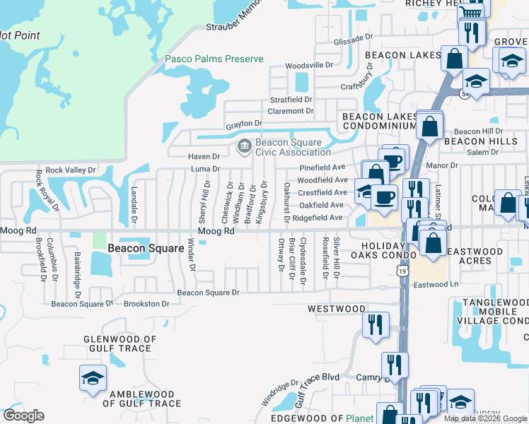 map of restaurants, bars, coffee shops, grocery stores, and more near 3540 Kingsbury Drive in Holiday