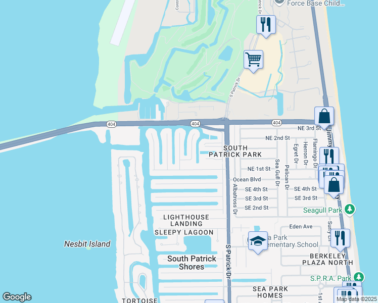map of restaurants, bars, coffee shops, grocery stores, and more near 424 Finch Drive in Satellite Beach