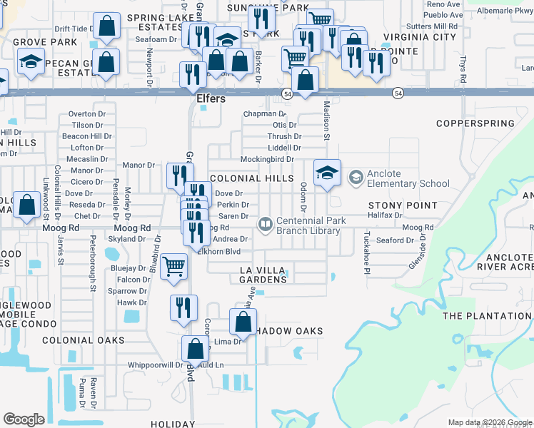 map of restaurants, bars, coffee shops, grocery stores, and more near 3525 Blackhawk Drive in New Port Richey