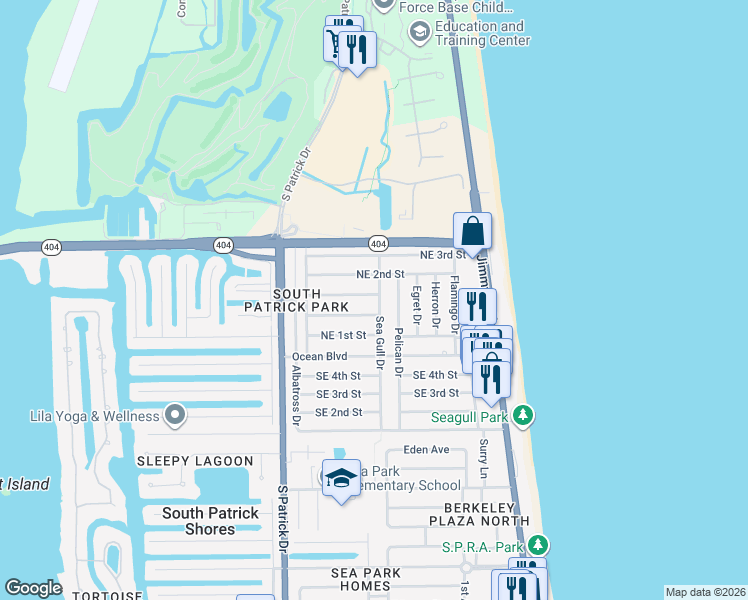 map of restaurants, bars, coffee shops, grocery stores, and more near 600 Sea Gull Drive in Satellite Beach