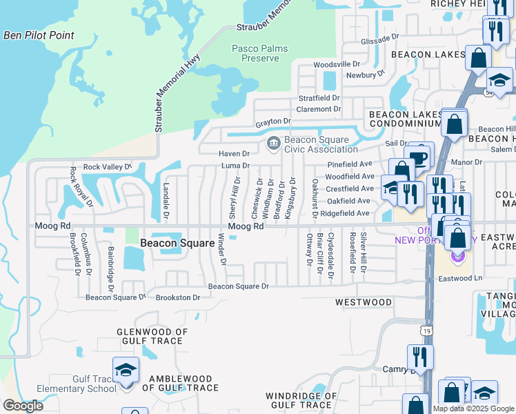 map of restaurants, bars, coffee shops, grocery stores, and more near 3538 Cheswick Drive in Holiday