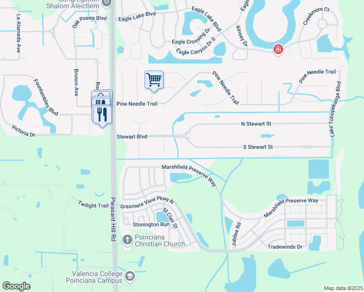 map of restaurants, bars, coffee shops, grocery stores, and more near 3010 South Stewart Street in Kissimmee