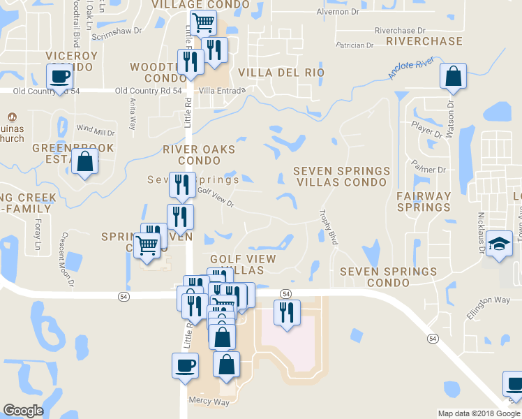 map of restaurants, bars, coffee shops, grocery stores, and more near 9231 Golf View Drive in New Port Richey