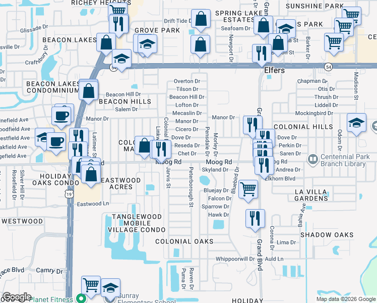 map of restaurants, bars, coffee shops, grocery stores, and more near 5115 Chet Drive in New Port Richey