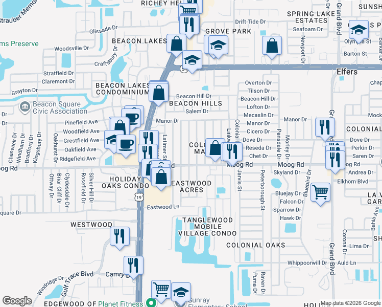map of restaurants, bars, coffee shops, grocery stores, and more near 3534 Bedford Street in New Port Richey