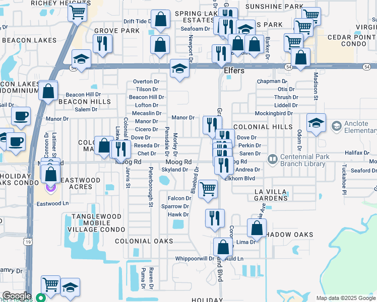 map of restaurants, bars, coffee shops, grocery stores, and more near 5321 Swallow Drive in New Port Richey