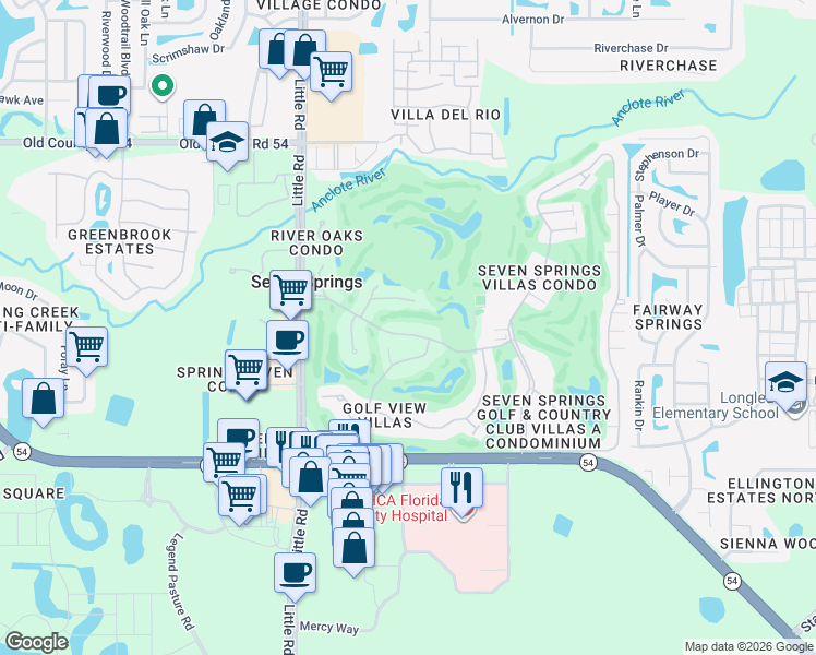 map of restaurants, bars, coffee shops, grocery stores, and more near 9223 Golf View Drive in New Port Richey