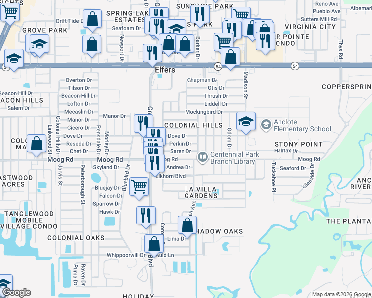 map of restaurants, bars, coffee shops, grocery stores, and more near 5649 Saren Drive in New Port Richey