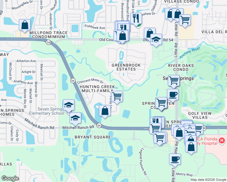 map of restaurants, bars, coffee shops, grocery stores, and more near 3632 Hunting Creek Loop in New Port Richey