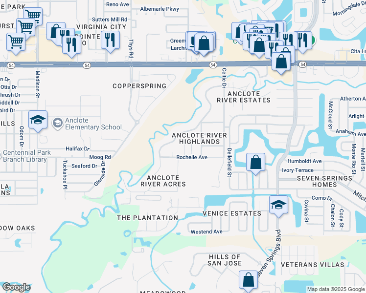 map of restaurants, bars, coffee shops, grocery stores, and more near 3525 Nora Lane in New Port Richey