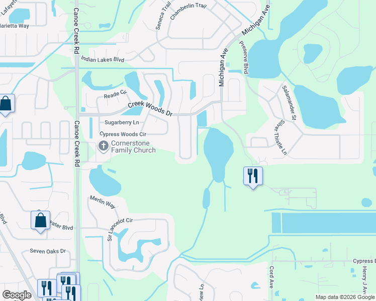 map of restaurants, bars, coffee shops, grocery stores, and more near 1148 Creek Woods Circle in St. Cloud