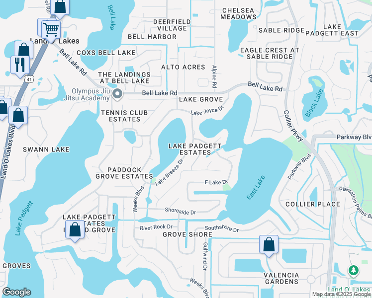 map of restaurants, bars, coffee shops, grocery stores, and more near 3703 Lake Breeze Drive in Land O' Lakes