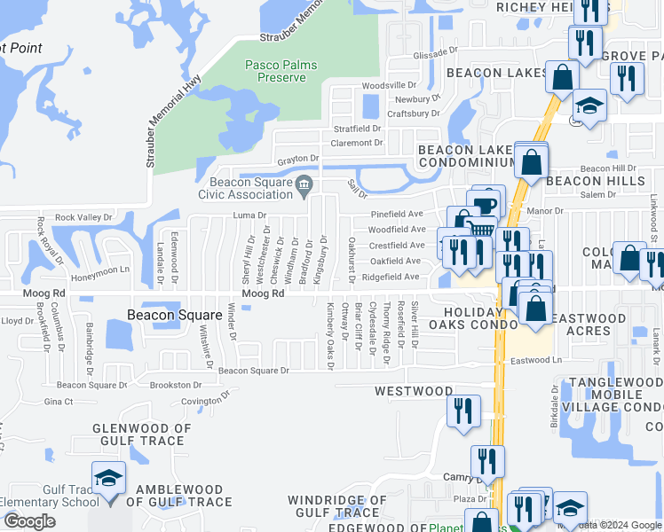 map of restaurants, bars, coffee shops, grocery stores, and more near 3539 Kimberly Oaks Drive in Holiday