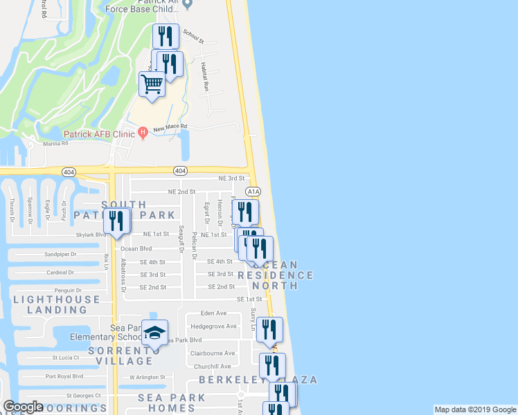 map of restaurants, bars, coffee shops, grocery stores, and more near 170 Florida A1A in Satellite Beach