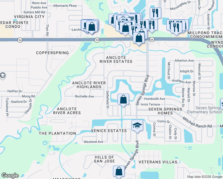 map of restaurants, bars, coffee shops, grocery stores, and more near 3536 Hartland Drive in New Port Richey