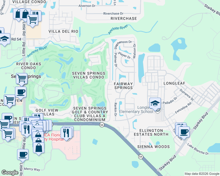 map of restaurants, bars, coffee shops, grocery stores, and more near 3517 Sarazen Drive in New Port Richey