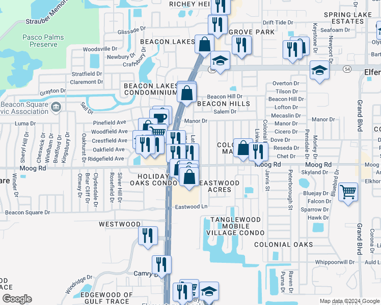 map of restaurants, bars, coffee shops, grocery stores, and more near 3535 Latimer Street in New Port Richey