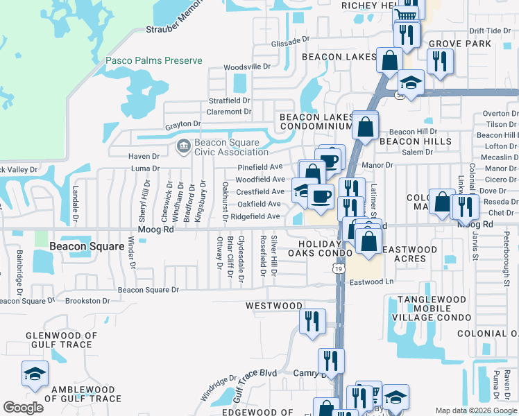 map of restaurants, bars, coffee shops, grocery stores, and more near 4215 Ridgefield Avenue in Holiday