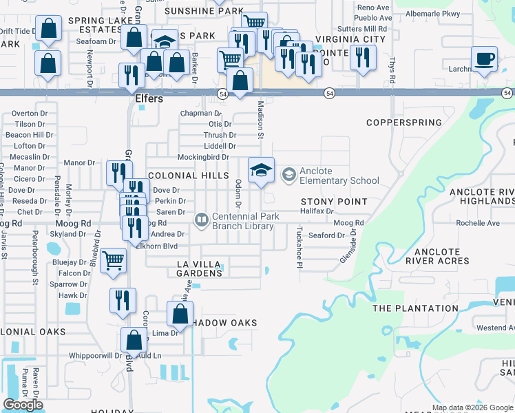 map of restaurants, bars, coffee shops, grocery stores, and more near 3526 Cockatoo Drive in New Port Richey