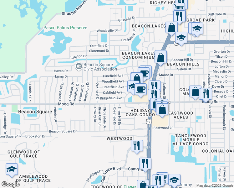 map of restaurants, bars, coffee shops, grocery stores, and more near 4228 Oakfield Avenue in Holiday