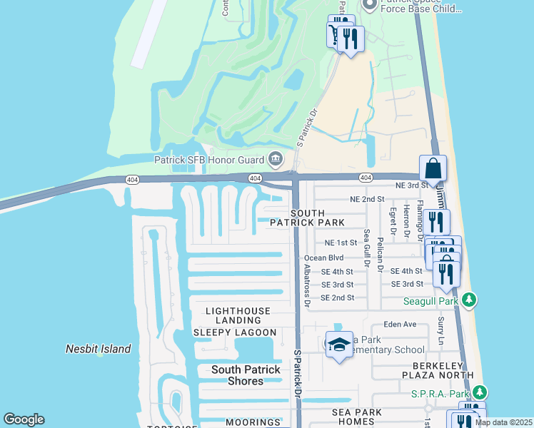 map of restaurants, bars, coffee shops, grocery stores, and more near 426 Dove Lane in Satellite Beach