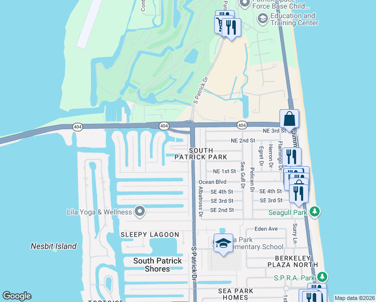map of restaurants, bars, coffee shops, grocery stores, and more near 402 Dove Lane in Satellite Beach