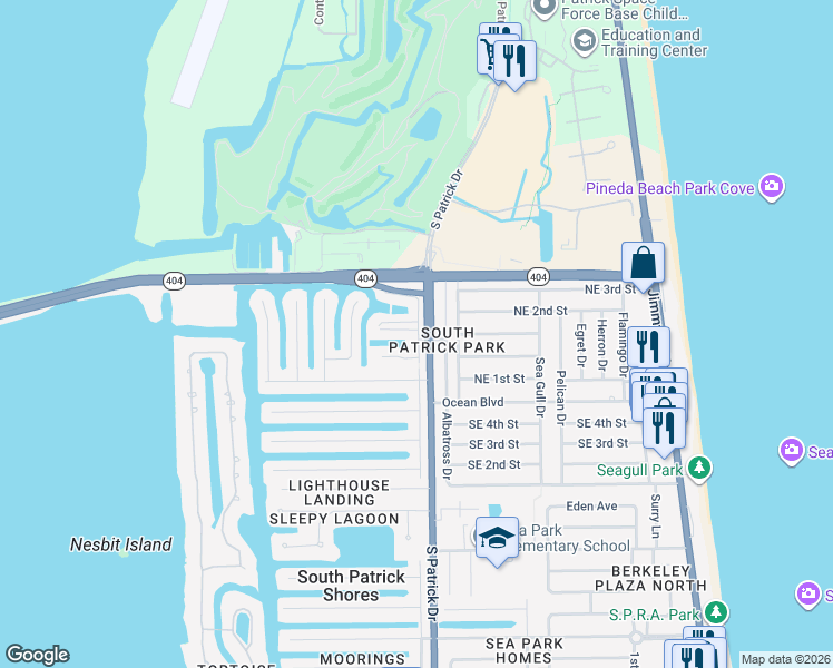 map of restaurants, bars, coffee shops, grocery stores, and more near 420 Dove Lane in Satellite Beach