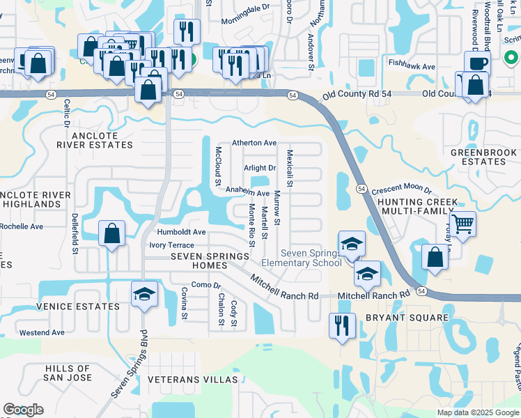 map of restaurants, bars, coffee shops, grocery stores, and more near 3539 Martell Street in New Port Richey
