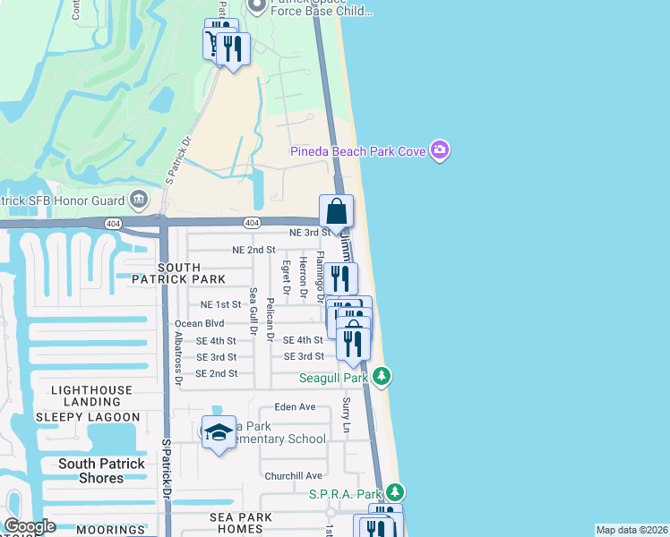 map of restaurants, bars, coffee shops, grocery stores, and more near 170 Florida A1A in Satellite Beach