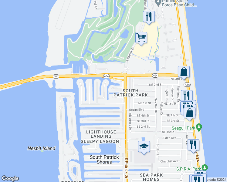 map of restaurants, bars, coffee shops, grocery stores, and more near 438 Dove Lane in Satellite Beach