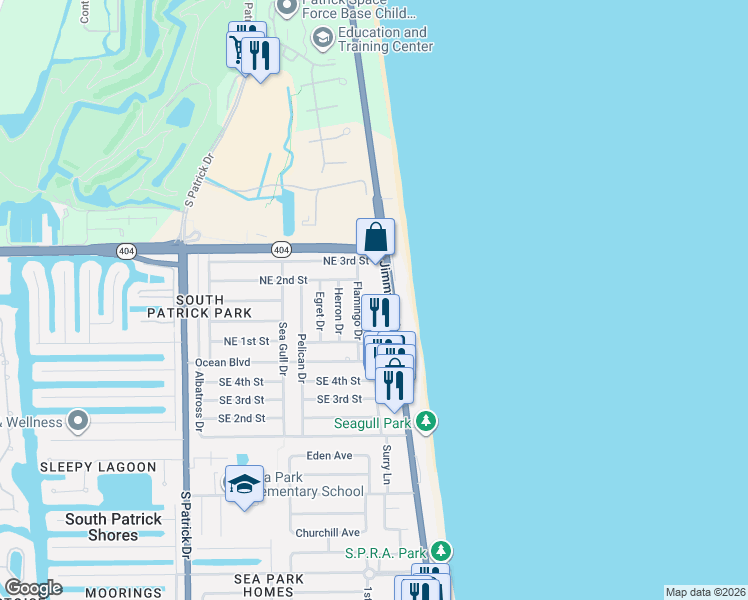 map of restaurants, bars, coffee shops, grocery stores, and more near 170 Florida A1A in Satellite Beach