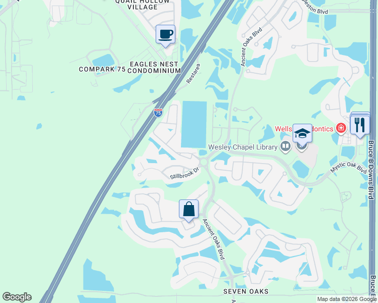 map of restaurants, bars, coffee shops, grocery stores, and more near 27027 Juniper Bay Drive in Wesley Chapel