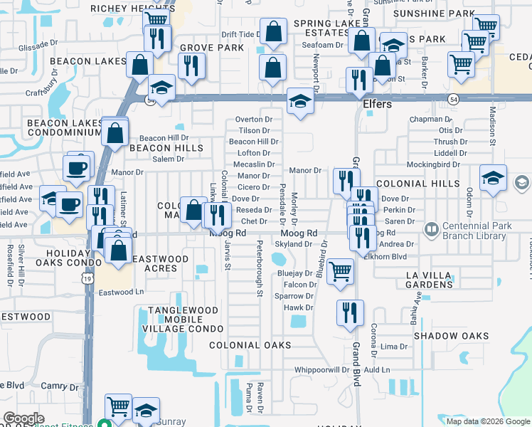 map of restaurants, bars, coffee shops, grocery stores, and more near 5115 Chet Drive in New Port Richey
