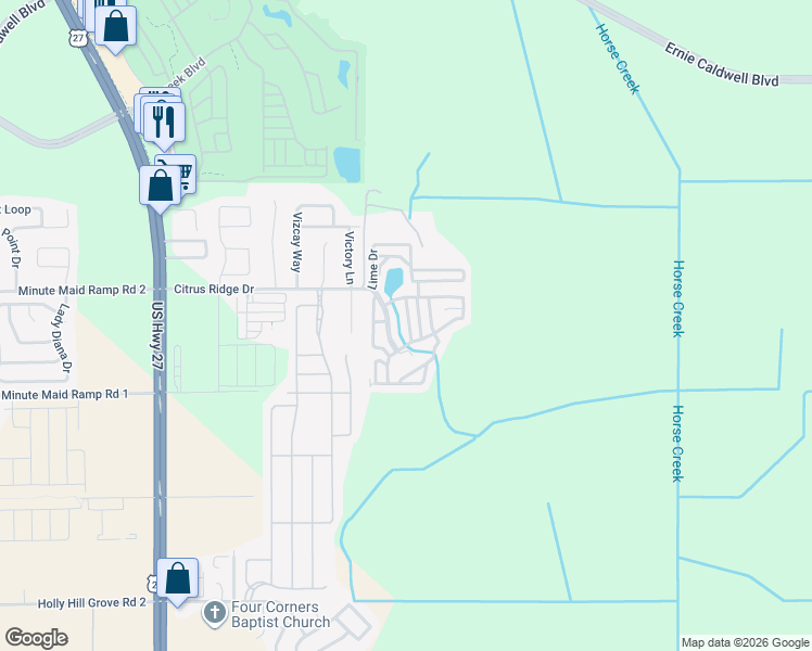 map of restaurants, bars, coffee shops, grocery stores, and more near 66 Citrus Ridge Drive in Davenport