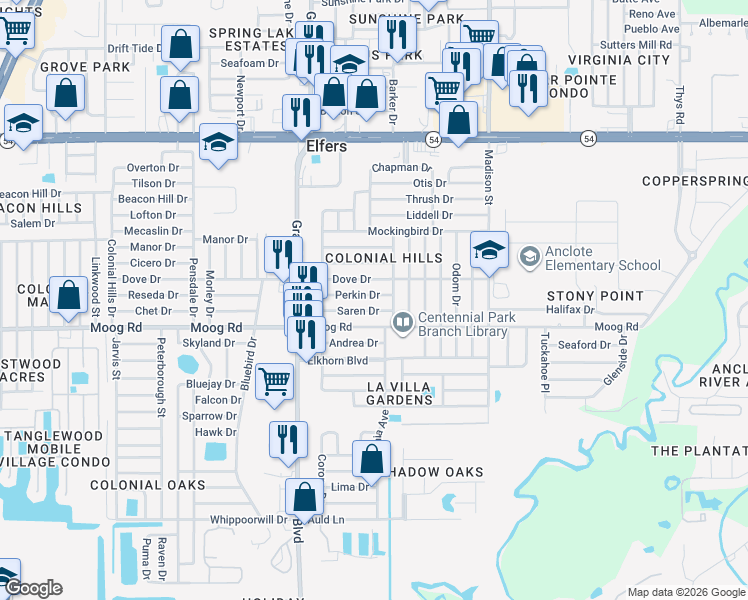 map of restaurants, bars, coffee shops, grocery stores, and more near 5649 Saren Drive in New Port Richey
