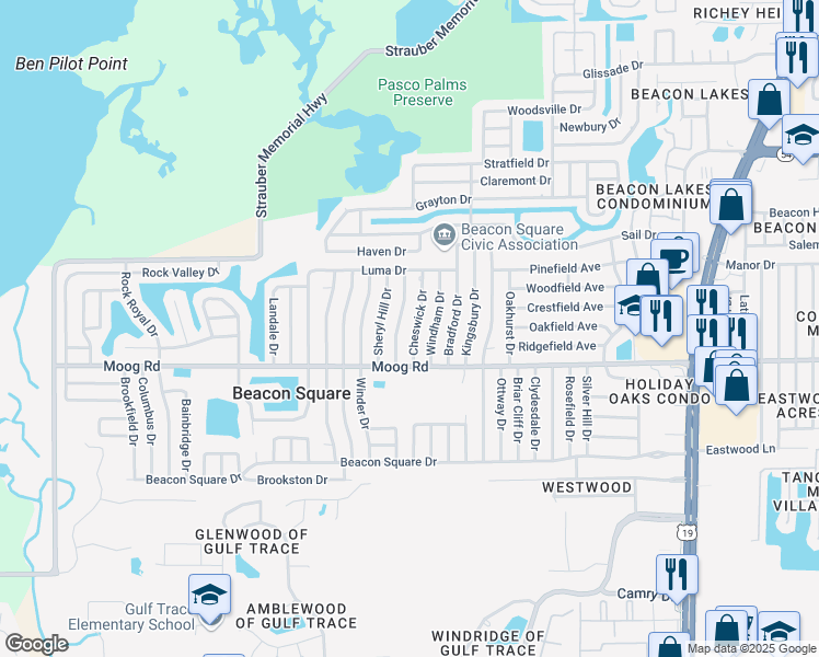 map of restaurants, bars, coffee shops, grocery stores, and more near 3538 Cheswick Drive in Holiday