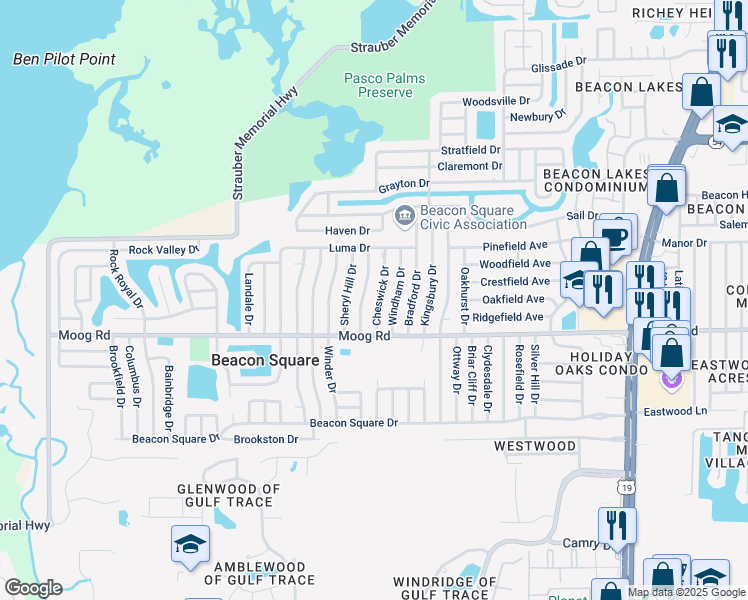 map of restaurants, bars, coffee shops, grocery stores, and more near 3538 Cheswick Drive in Holiday