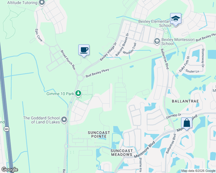 map of restaurants, bars, coffee shops, grocery stores, and more near 3621 Fyfield Court in Land O' Lakes